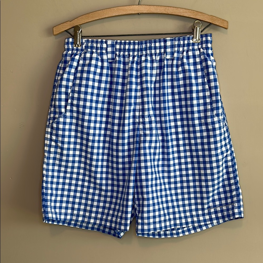 Columbia PGF Blue and White Checkered Swim Shorts Trunks Omni-Shade 7.5” Inseam